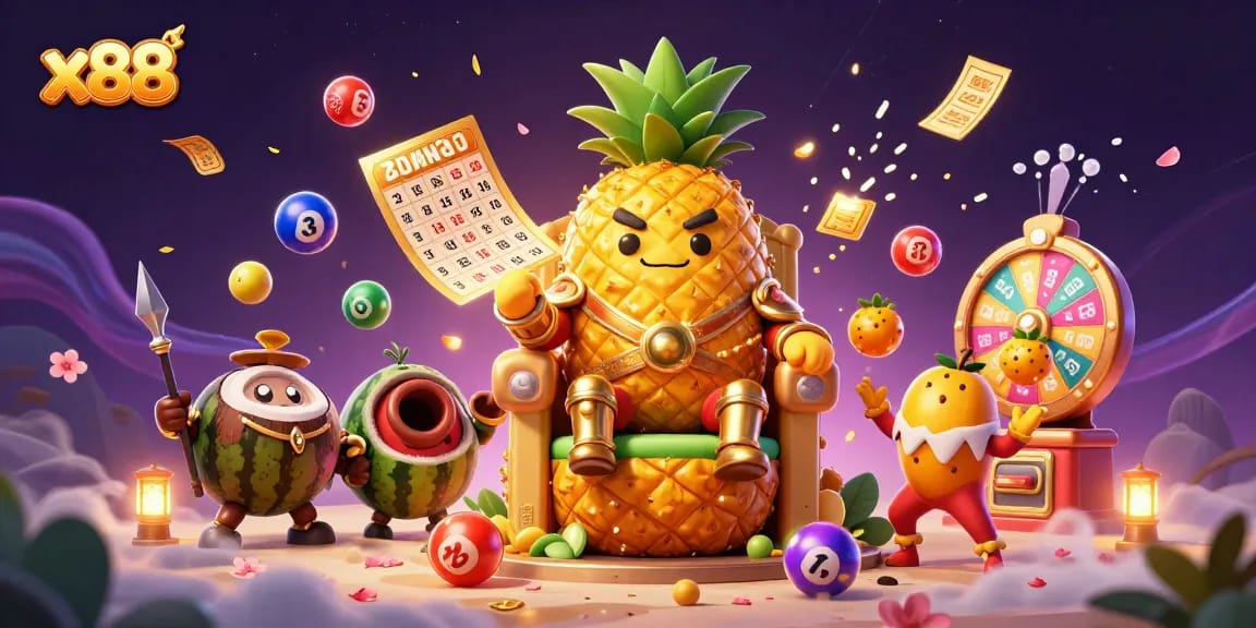 Experience exciting gameplay at x88 with colorful lottery balls and animated casino characters.