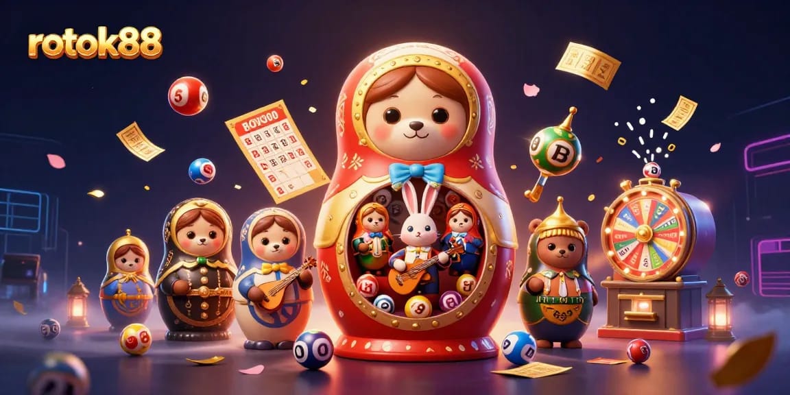 Experience the thrill of rokok88's dynamic casino world with colorful lottery balls and engaging characters.