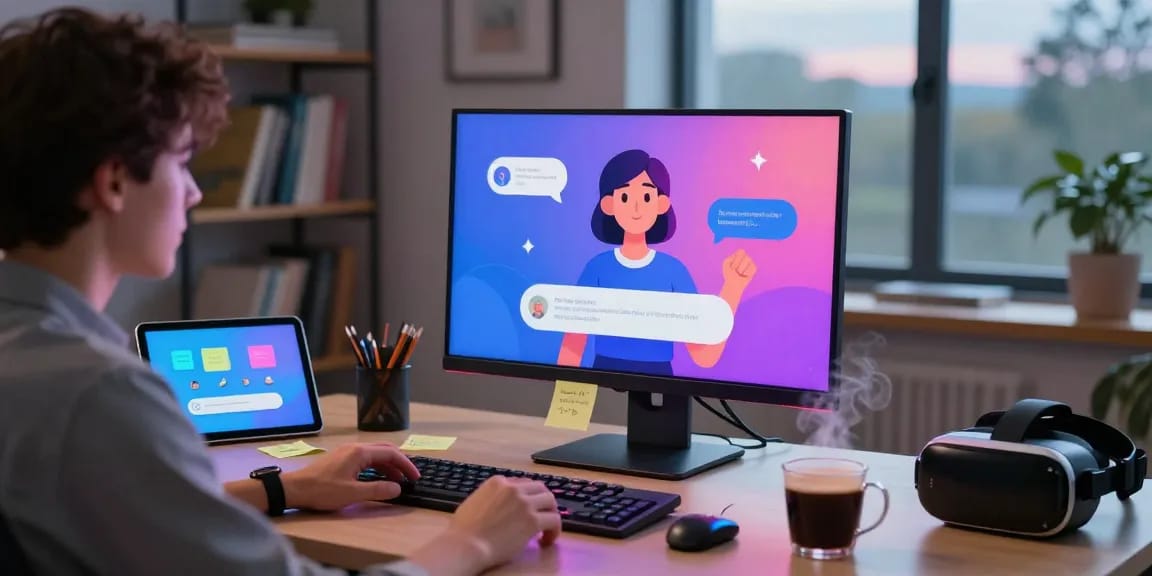 User interacting with NSFW AI chat platform in a modern home office setting, showcasing technology and creativity.