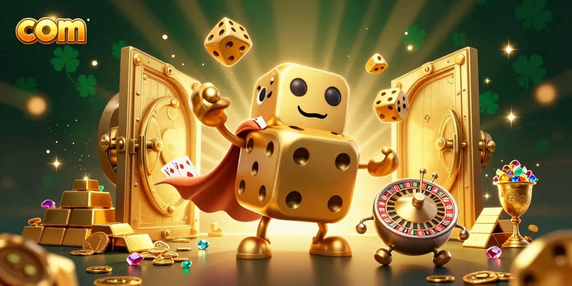 Place your bets with com as a giant golden dice golem juggles winnings in this vibrant casino scene.