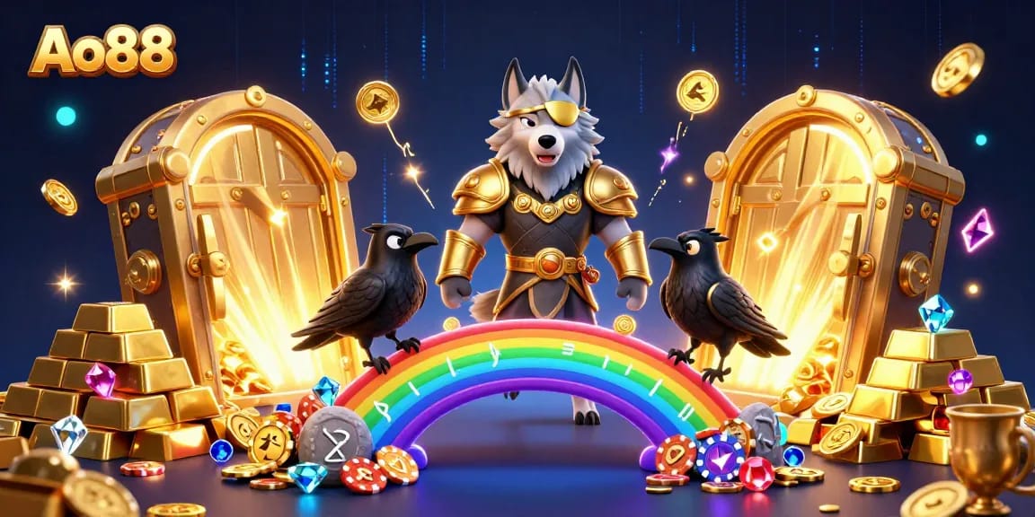 Ao88 introduces a vibrant 3D casino scene featuring Odin, ravens, and treasure vaults.