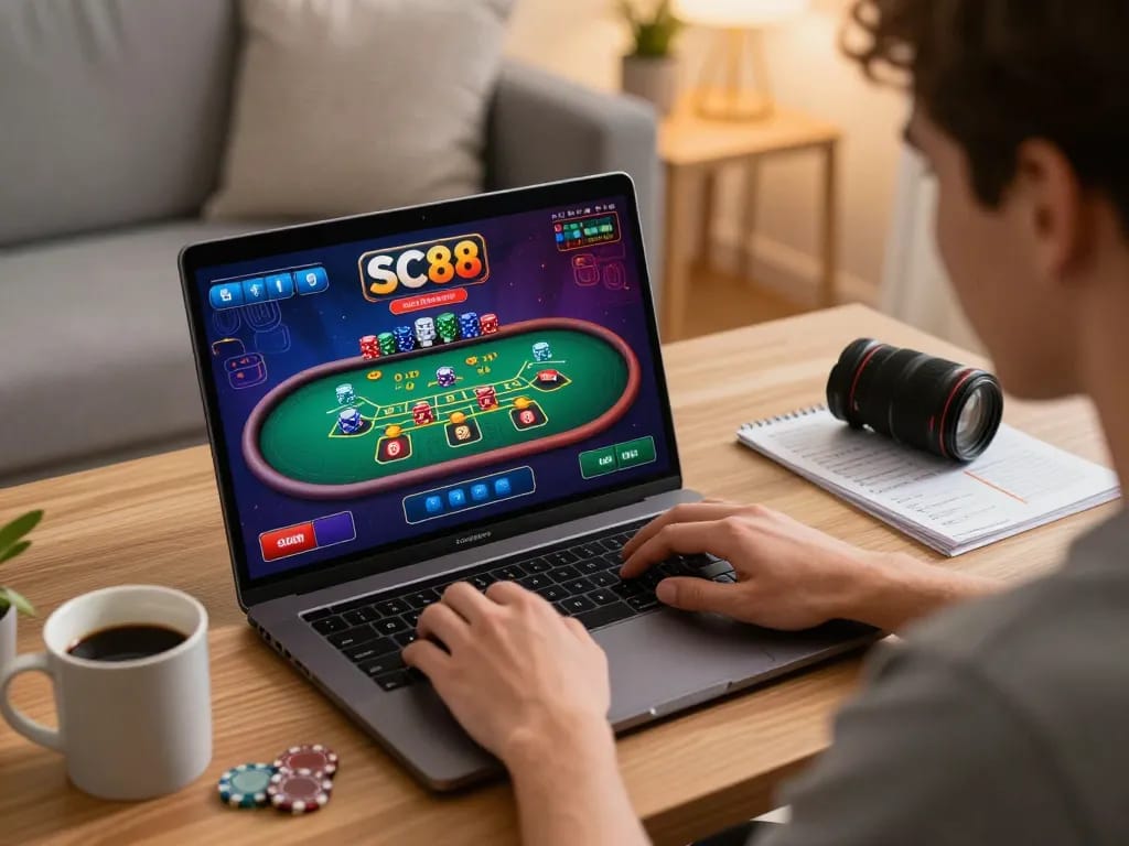 Player engaging with SC88 casino games on a laptop, showcasing excitement in an inviting home setting.