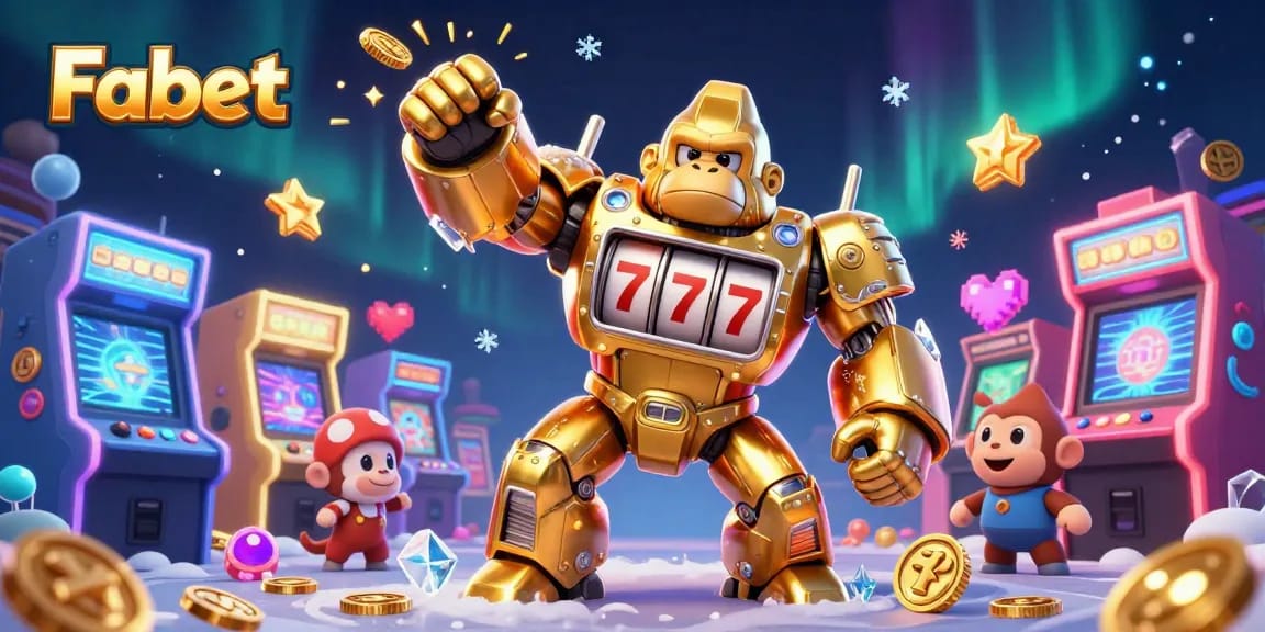 Fabet showcases a golden gorilla mech symbolizing dynamic online casino experiences.