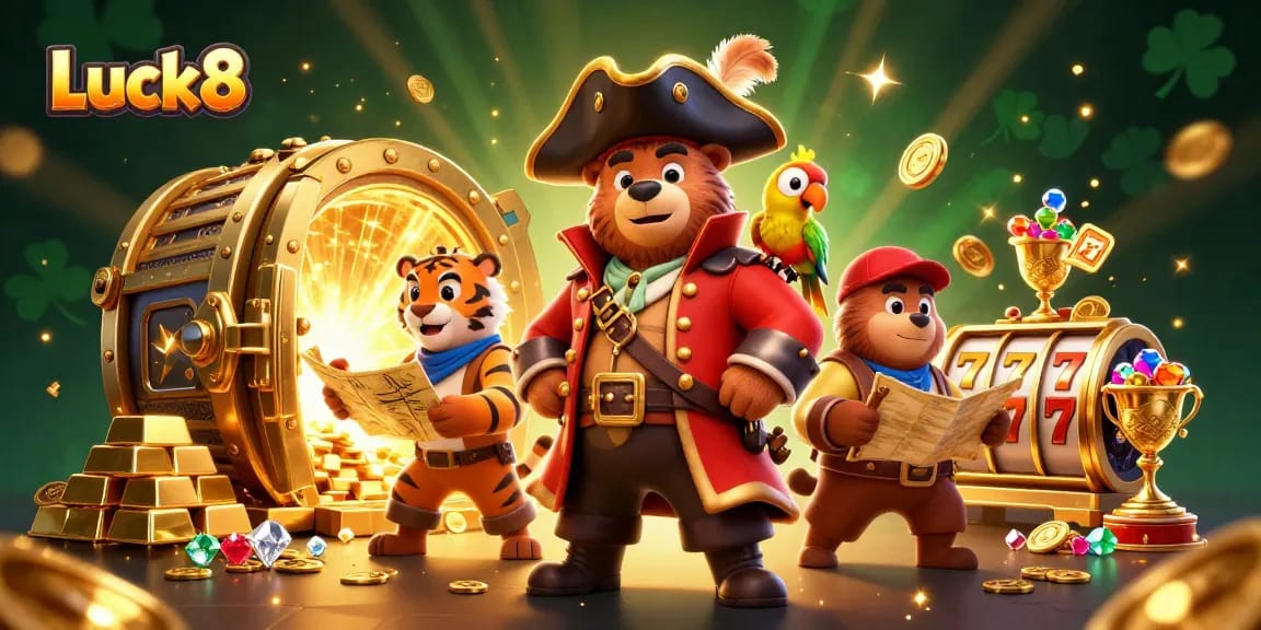 Experience exciting gameplay with Luck8 in this vibrant 3D casino illustration featuring dynamic characters and gaming elements.