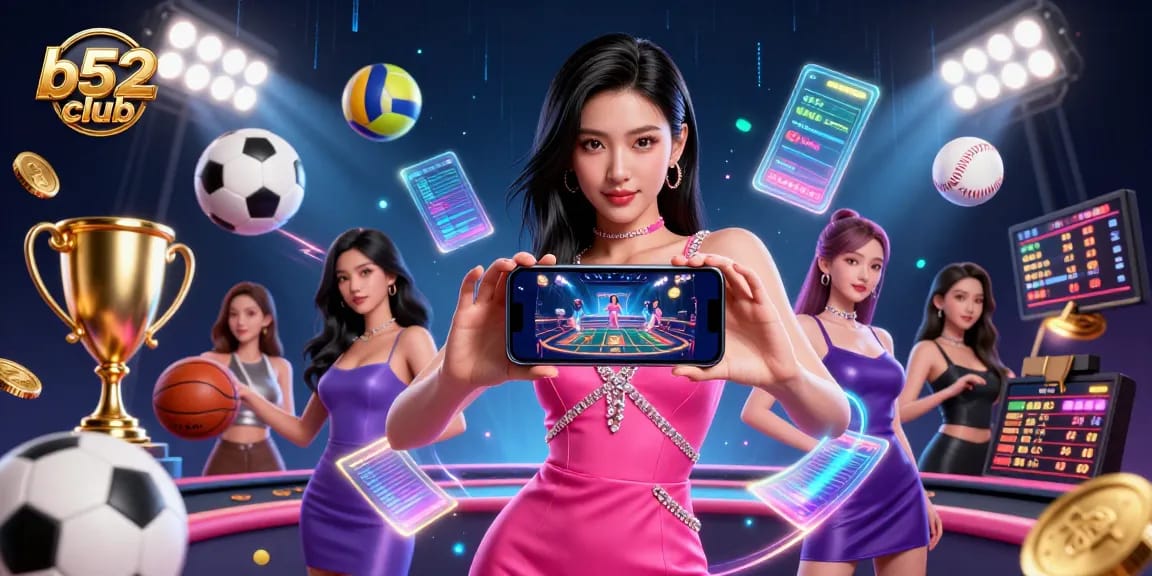 Experience excitement at b52club with a vibrant illustration of interactive live dealer games amidst dynamic sports elements.