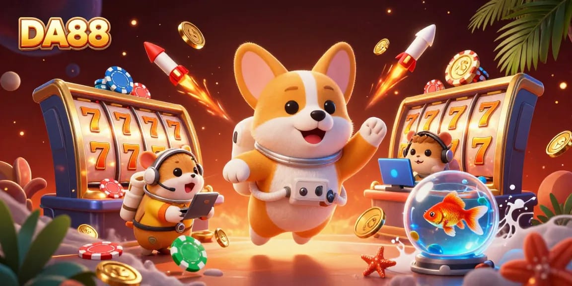 Experience the thrill of DA88 with a vibrant gaming scene featuring a cartoon astronaut corgi and dynamic casino elements.