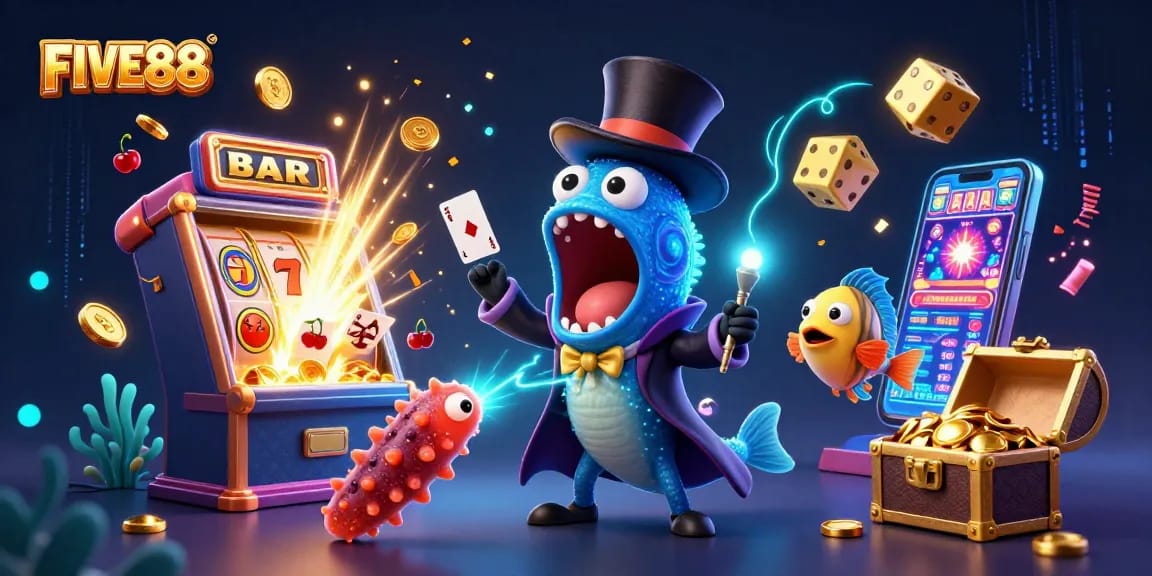 Experience thrilling gameplay with FIVE88's vibrant casino scene showcasing exciting card tricks and a jackpot.