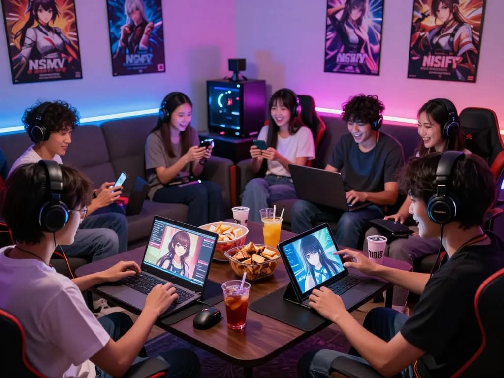 Engaged gamers playing lewdspot adult visual novels in a vibrant game room.