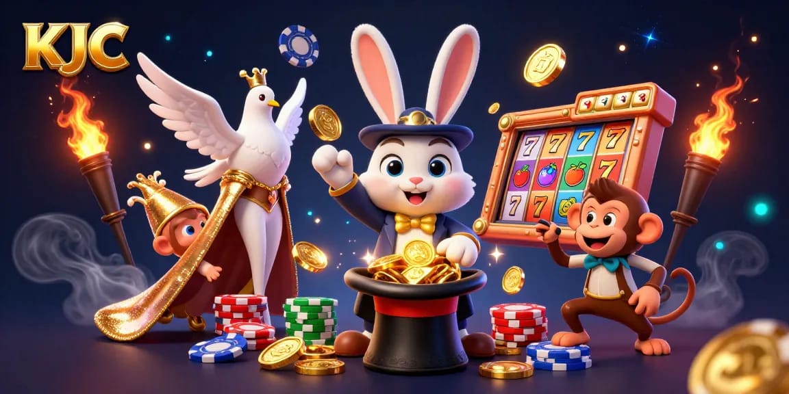 KJC showcases a vibrant casino scene with a magician rabbit pulling gold coins amidst a lively game atmosphere.