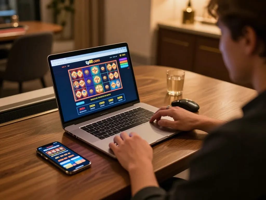 Engaging in dynamic gameplay on tg88 com with a laptop showcasing colorful slot games.
