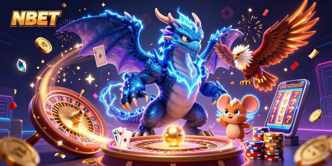 Experience thrilling wins at NBET with a vibrant casino scene featuring dynamic characters and gaming elements.