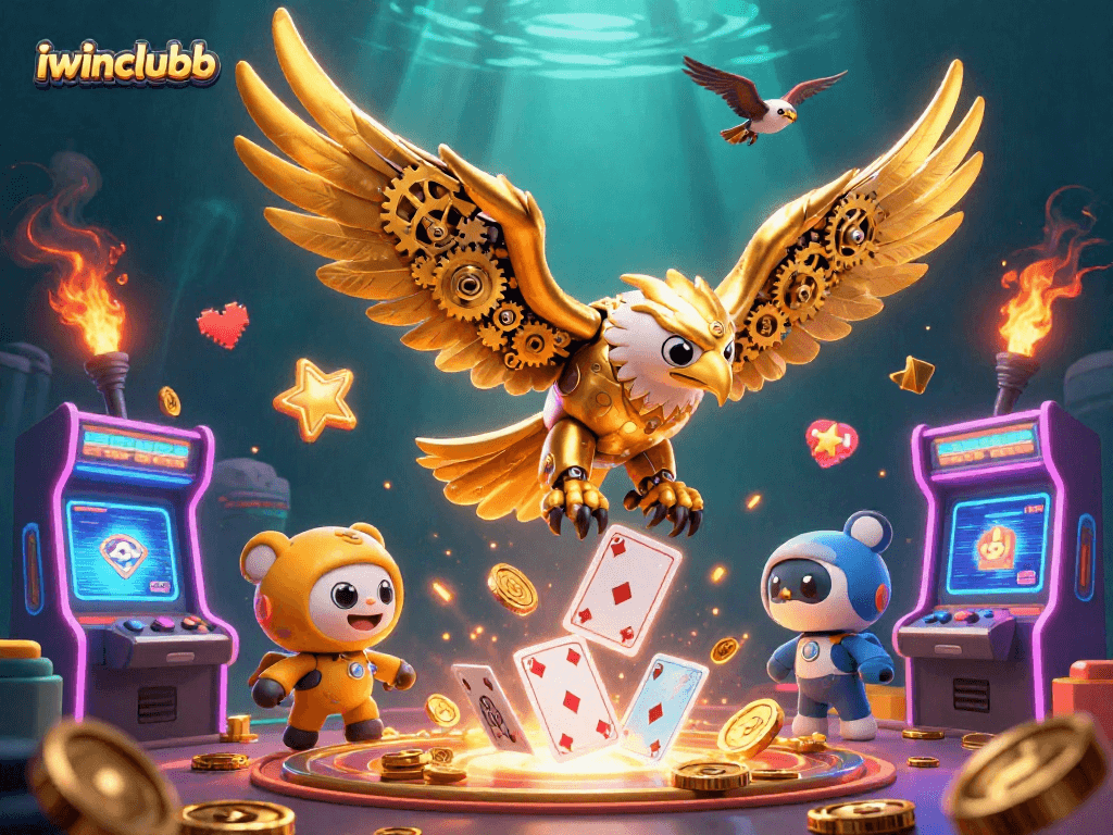 iwinclubb showcases a dynamic 3D illustration of a golden eagle and game elements celebrating casino gaming excitement.