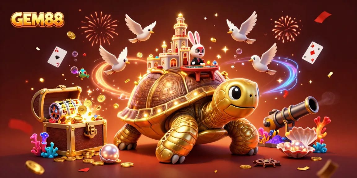 Experience GEM88's vibrant gaming world with golden tortoise, rabbit dealer, and sparkling treasures.