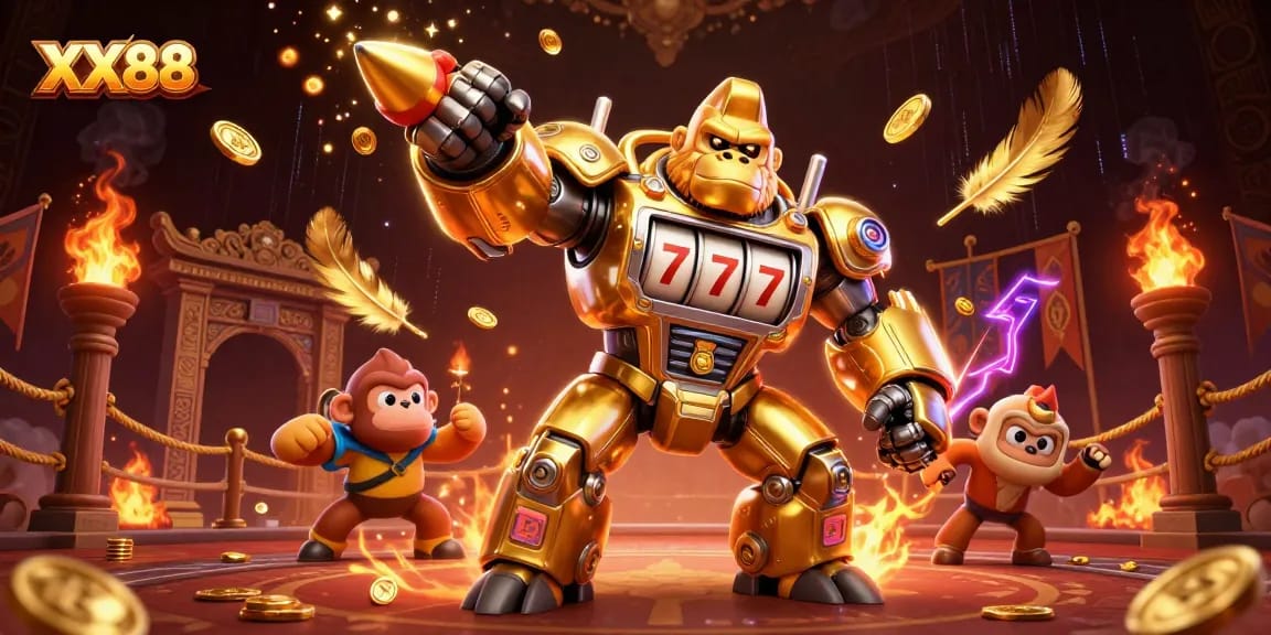 Engage with XX88 by placing bets in an explosive carnival atmosphere featuring a golden gorilla mech.