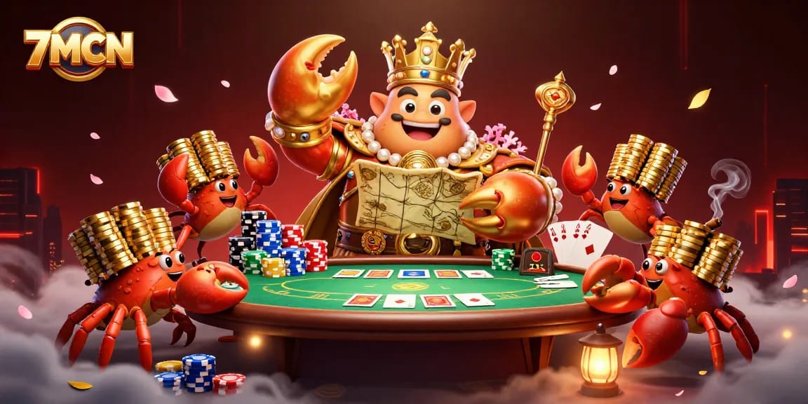 7MCN illustrates dynamic gambling scene with a golden crab emperor and poker elements.