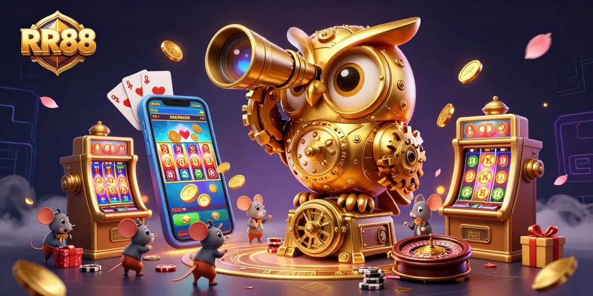 Experience the thrill of RR88 with a dynamic casino scene filled with game excitement and vibrant characters.