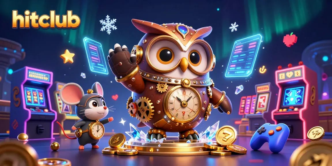 Experience hitclub's vibrant online casino adventure with an engaging steampunk owl and gaming elements.