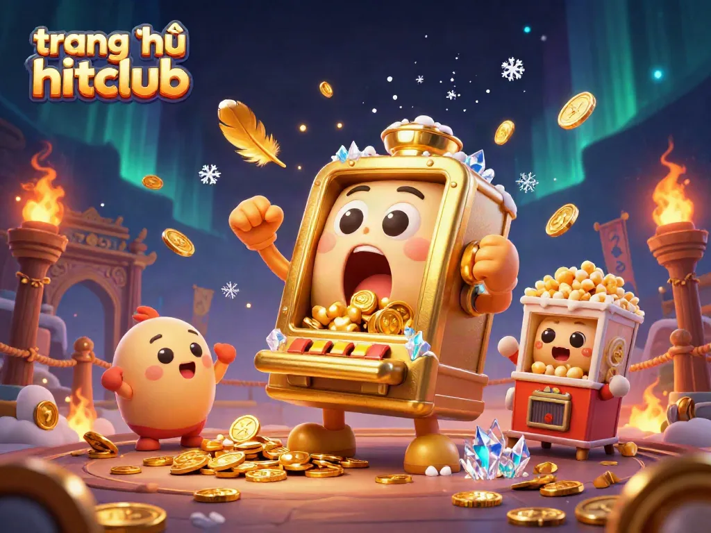 Spin the reels on trang chủ hitclub with a surprised golden slot machine celebrating a jackpot, surrounded by cheering baby slots and coins.