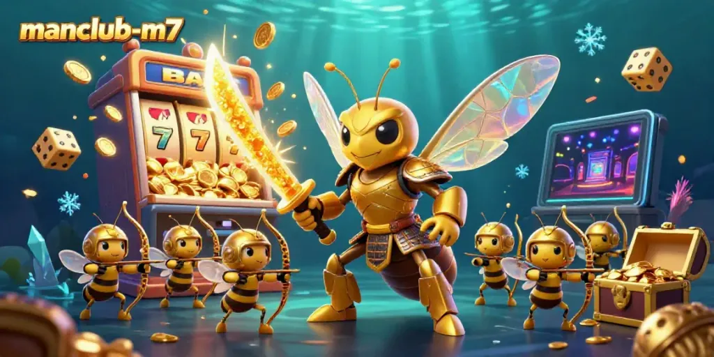 Experience gambling excitement with manclub-m7's vibrant 3D casino adventure featuring a hornet and slot machine.