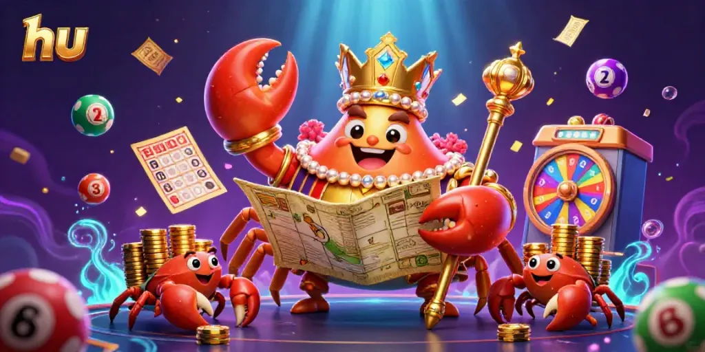 Engage with hu gaming excitement in a vibrant scene with a golden crab emperor and lottery elements.