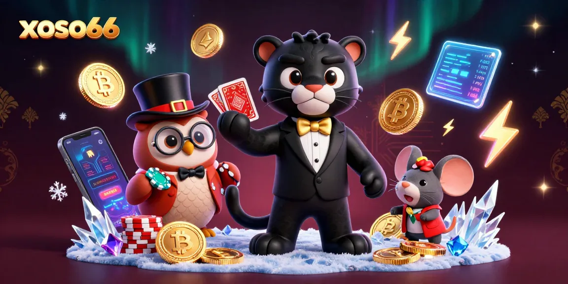 xoso66 showcases a stylish panther dealer with crypto coins in a vibrant casino scene