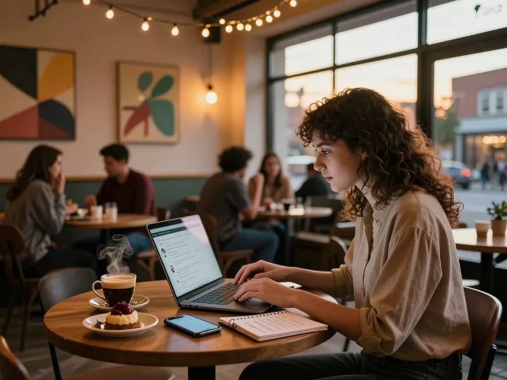 User engaging with their AI girlfriend in a vibrant café setting, showcasing technology integration for personal connection.