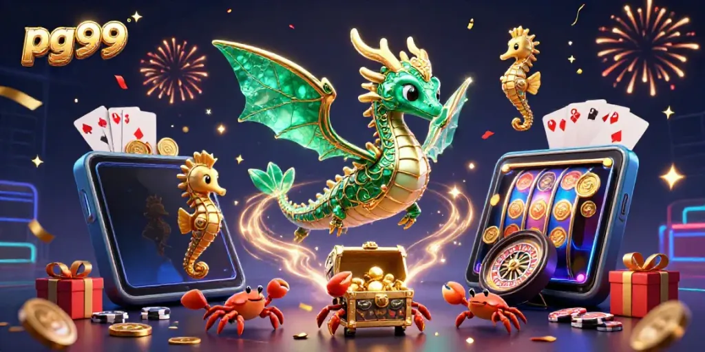 Experience immersive gaming with pg99's vibrant characters and casino elements in a packed 3D illustration.