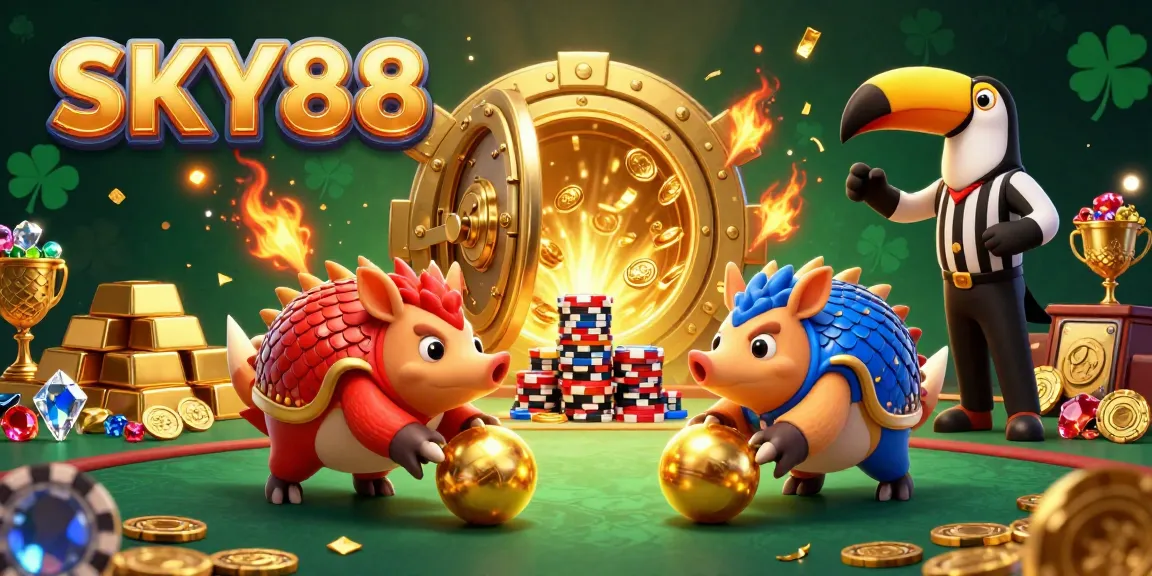 SKY88 pangolins rolling golden balls and bowling through poker chips, vibrant casino scene