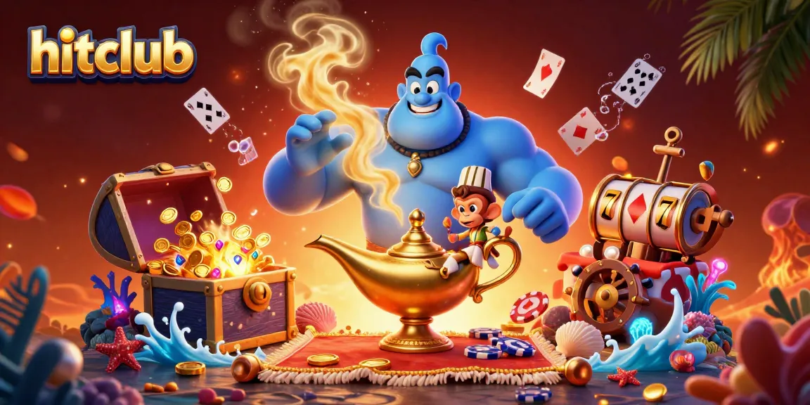 Engage your luck at hitclub with a vibrant 3D cartoon illustration of a genie granting wishes among casino treasures.