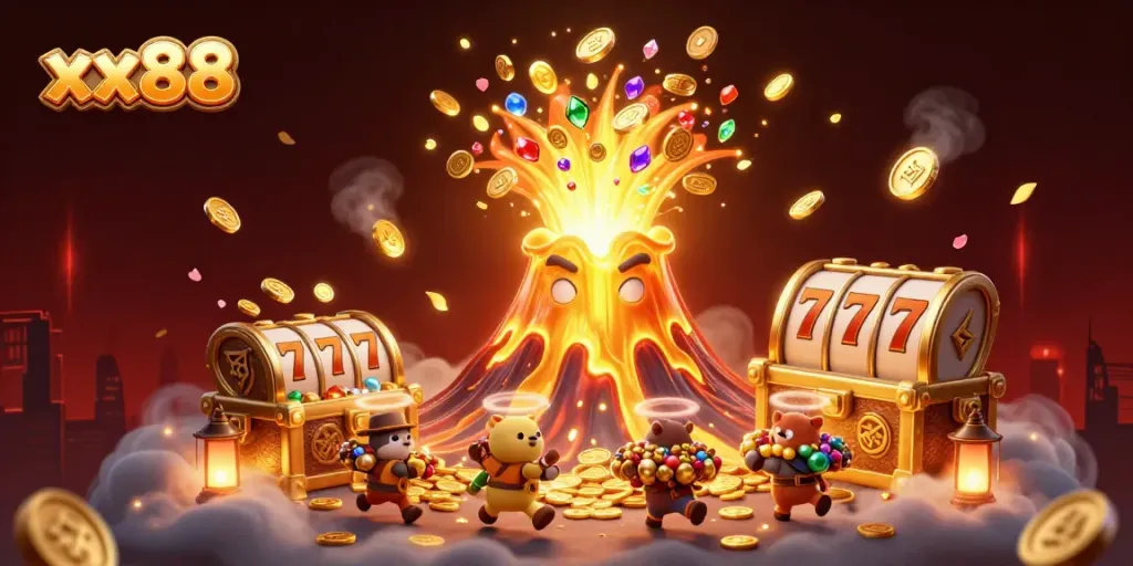 Experience the excitement of xx88 with a treasure-filled casino adventure in a vibrant 3D scene.