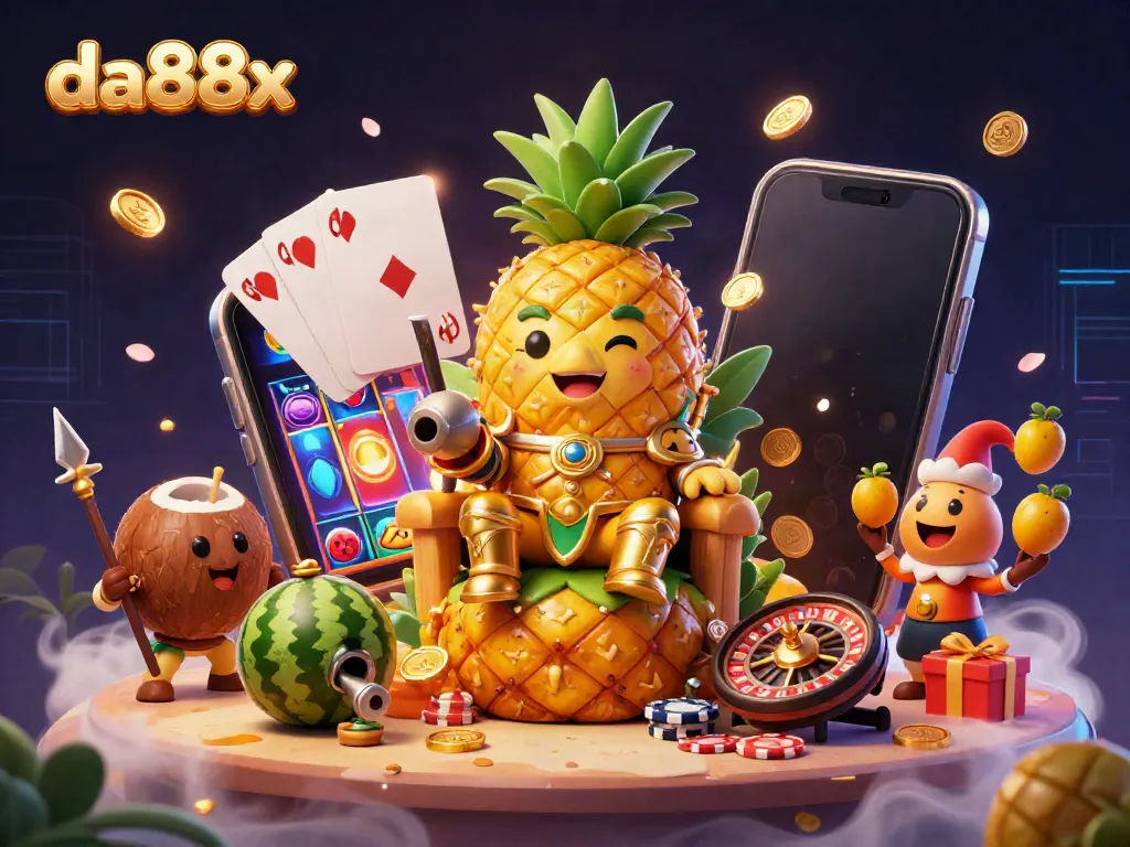 Experience thrilling gameplay with da88x in a vibrant 3D casino scene featuring a golden pineapple king.