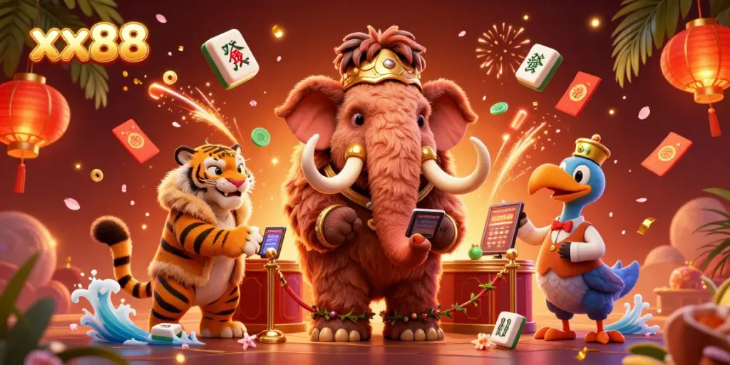 Engage with xx88 in a vibrant casino scene featuring characters like a mammoth bouncer, saber-tooth tiger VIP, and dodo doorman.