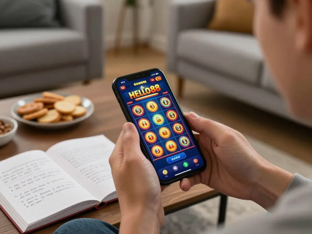 Engaging with HELLO88 app while enjoying a cozy home gaming atmosphere