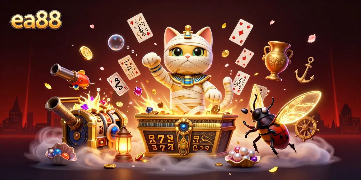 ea88 brings excitement with a 3D Egyptian mummy cat amidst golden slot reels in a pyramid casino.