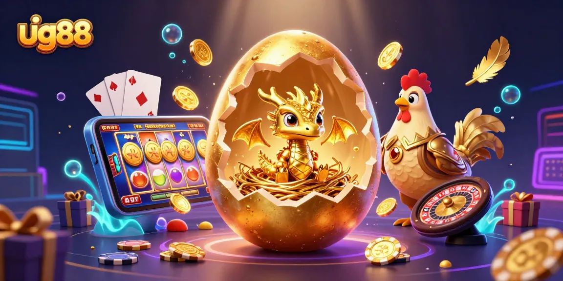 Experience thrilling wins at ug88 with a golden dragon emerging from a cracking egg amidst vibrant casino elements.