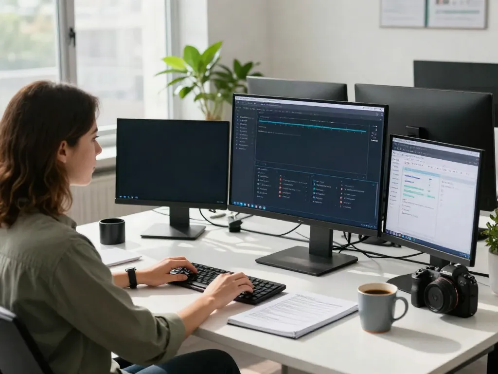 Digital marketing strategist analyzing instant indexing tools in a bright tech workspace.