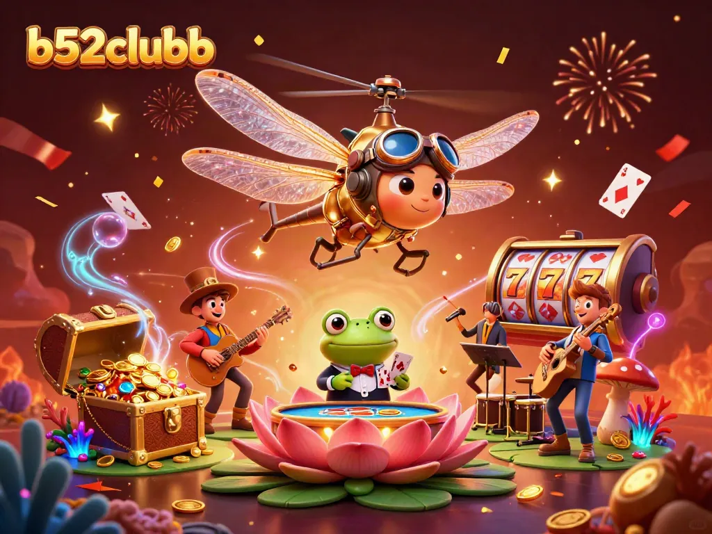 Experience b52clubb with a vibrant casino scene featuring lively characters and games.