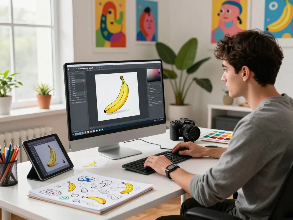 Creative professional using nano banana flash AI image editor in a vibrant art studio, showcasing dynamic editing tools and colorful inspirations.