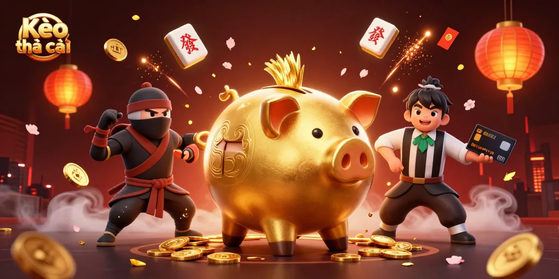 Kèo nhà cái showcases a lively gambling scene with a piggy bank sumo wrestler among dynamic casino elements.