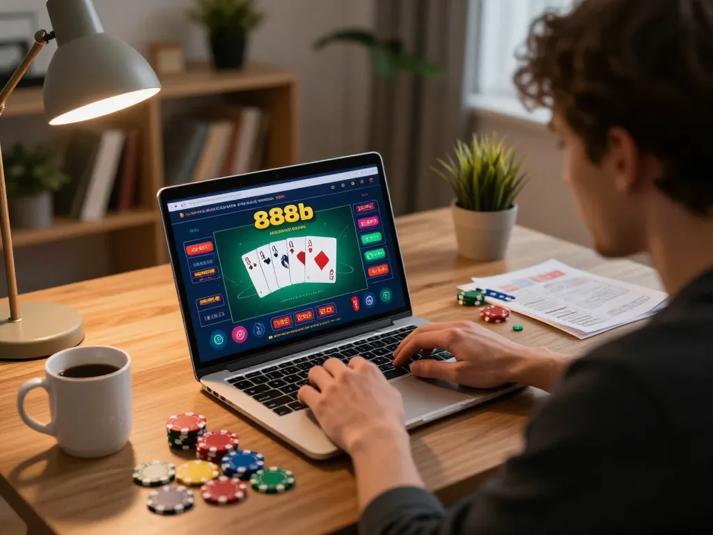 Engaged player using 888b online casino interface for poker from a cozy home setup.