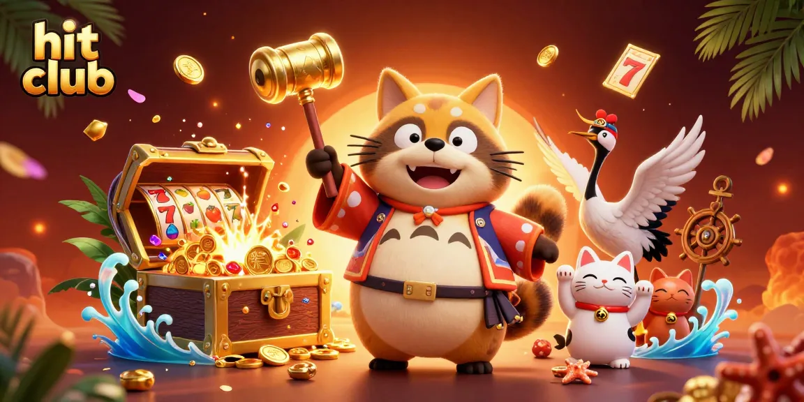 Hit club showcases a cheerful tanuki and friends amidst vibrant slot game elements.
