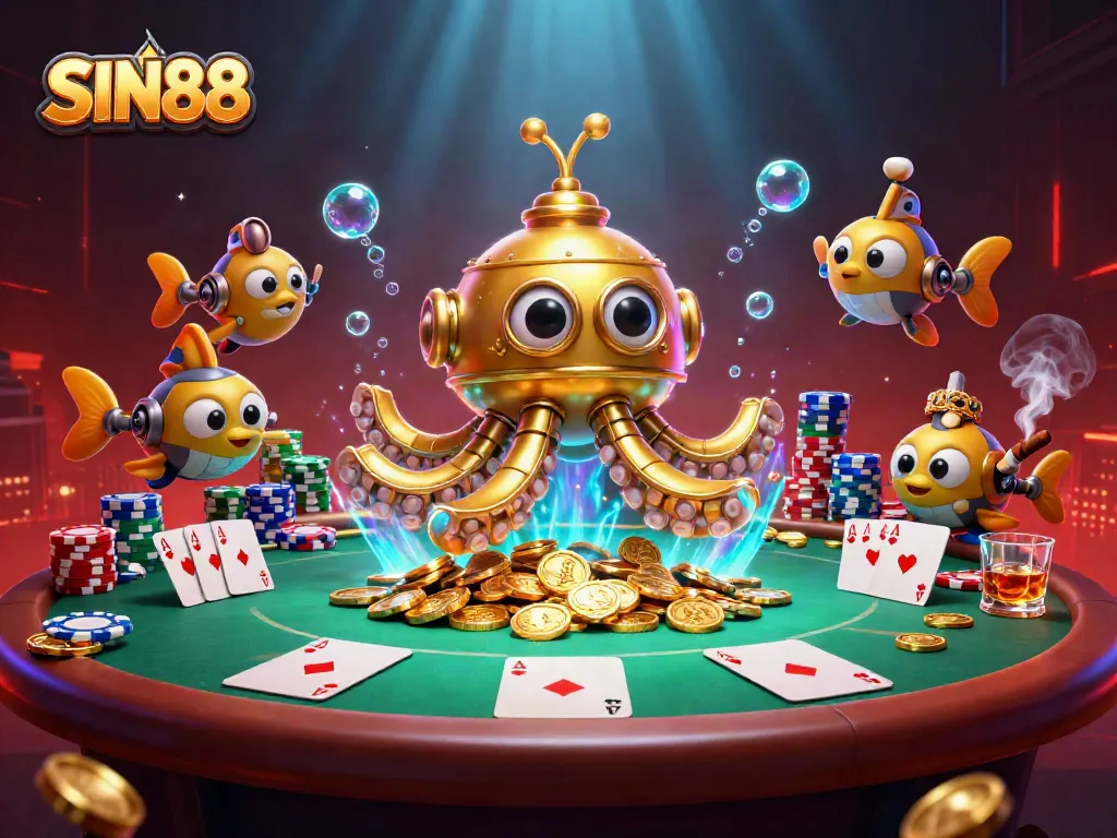 SIN88 showcases a golden kraken casino theme, surrounded by poker elements, capturing the excitement of gambling.