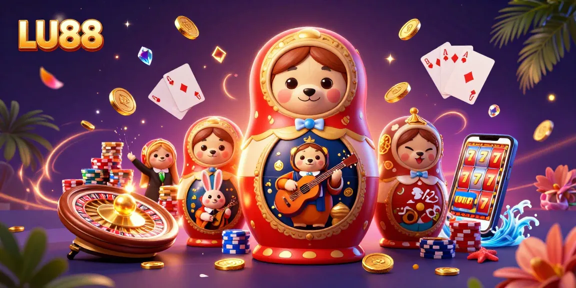 Experience exciting casino fun with LU88 featuring a vibrant illustration of playful bears and casino elements.