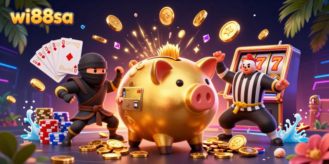 Engage in thrilling gameplay at wi88sa, featuring vibrant characters, dynamic slot machine reels, and a festive casino atmosphere.