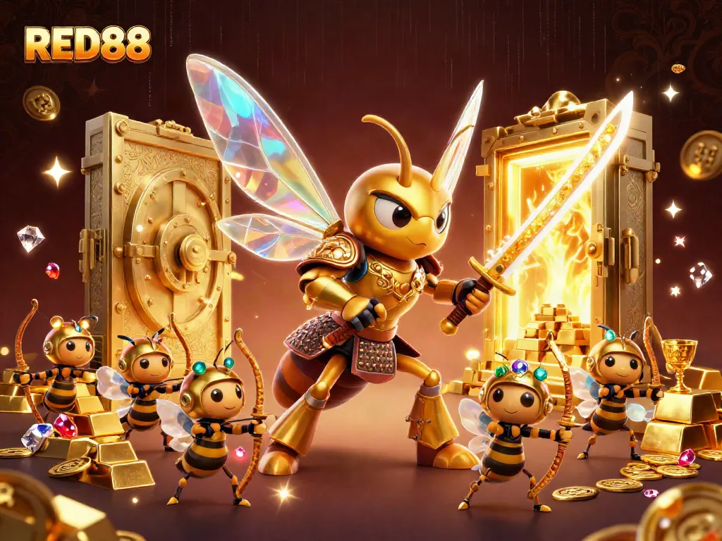 Join the excitement at RED88 with a golden hornet in samurai armor leading a treasure hunt in a vibrant casino.