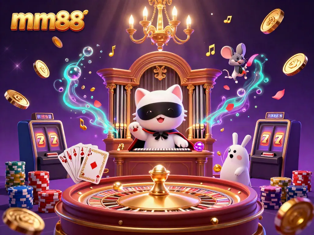 Engage with mm88 as the phantom cat plays at a luxurious casino, surrounded by coins and cards.