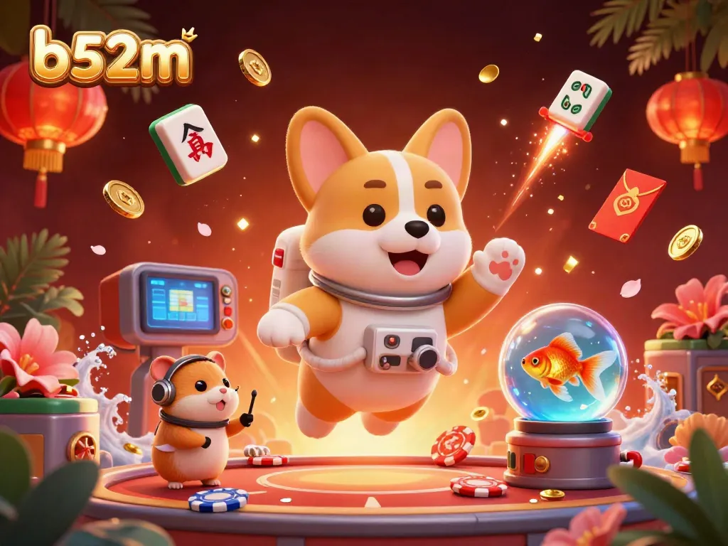 Experience the vibrant gaming atmosphere of b52m with a floating corgi and rich casino elements.