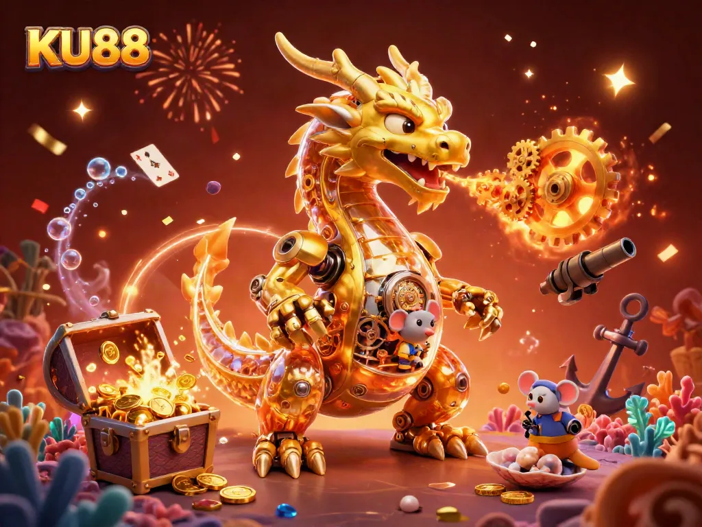 Engage with thrilling KU88 casino adventures featuring a golden dragon, treasure chests, and game elements.