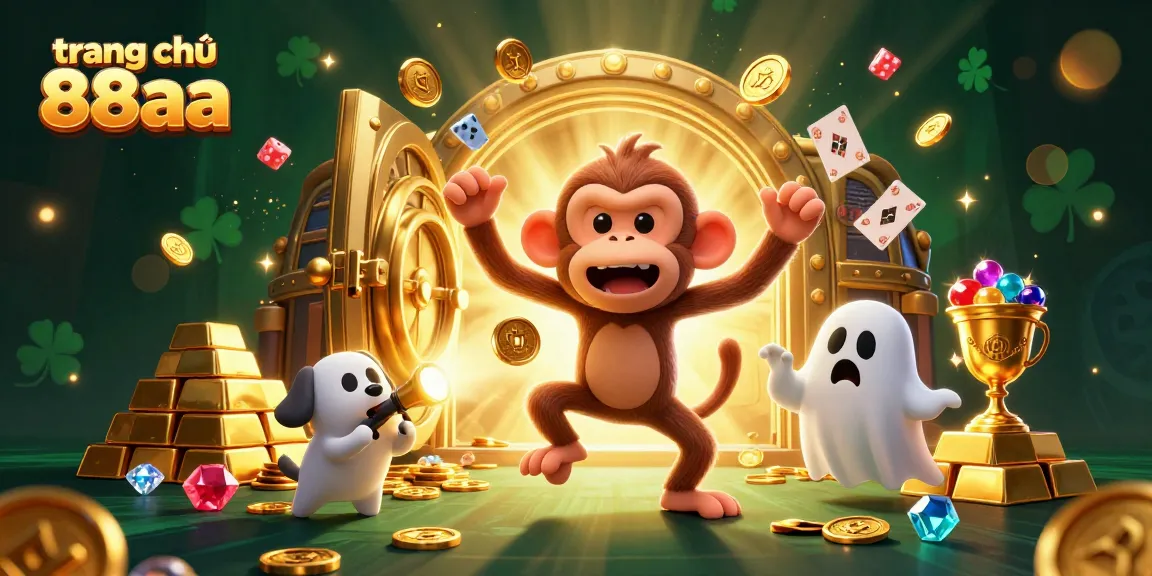 Win big at trang chủ 88aa with a dynamic scene of a poltergeist monkey and ghost-hunter puppy exploring a haunted casino.