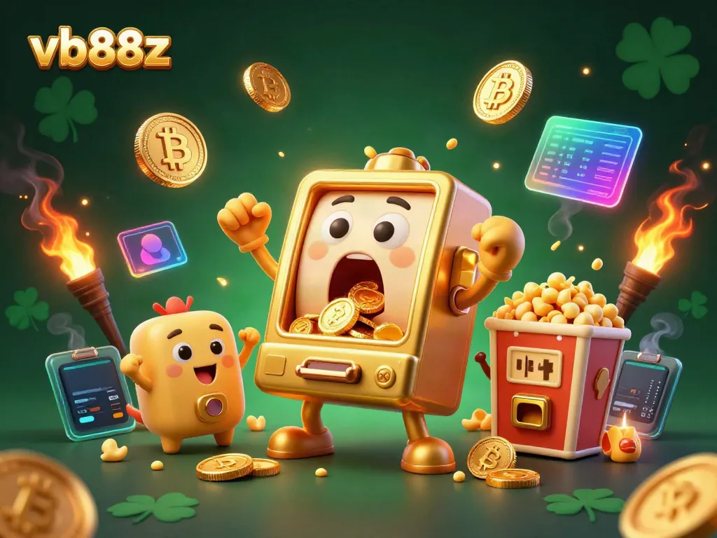 Celebrate jackpots with vb88z's lively and vibrant casino atmosphere featuring animated slot machines and crypto elements.